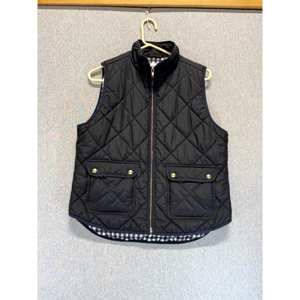 J Crew Puffer Vest Womens Large Black Gingham Check Lined Mock Neck Full Zip